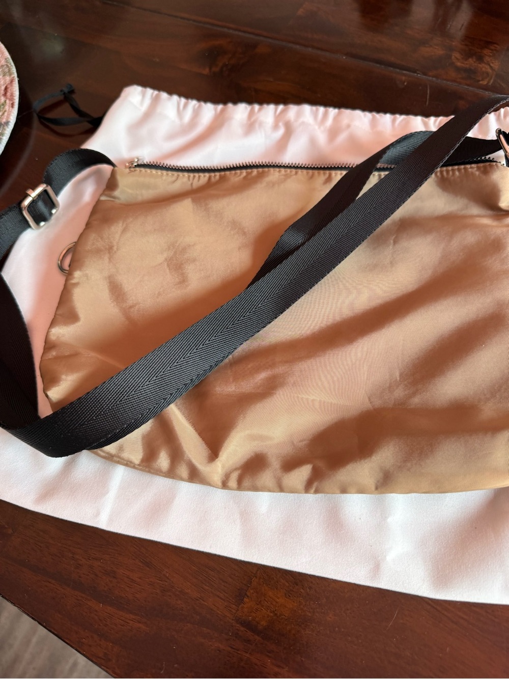 Neutral Tan Nylon Crossbody Bag with Dual Zip Pockets - Picture 2 of 4